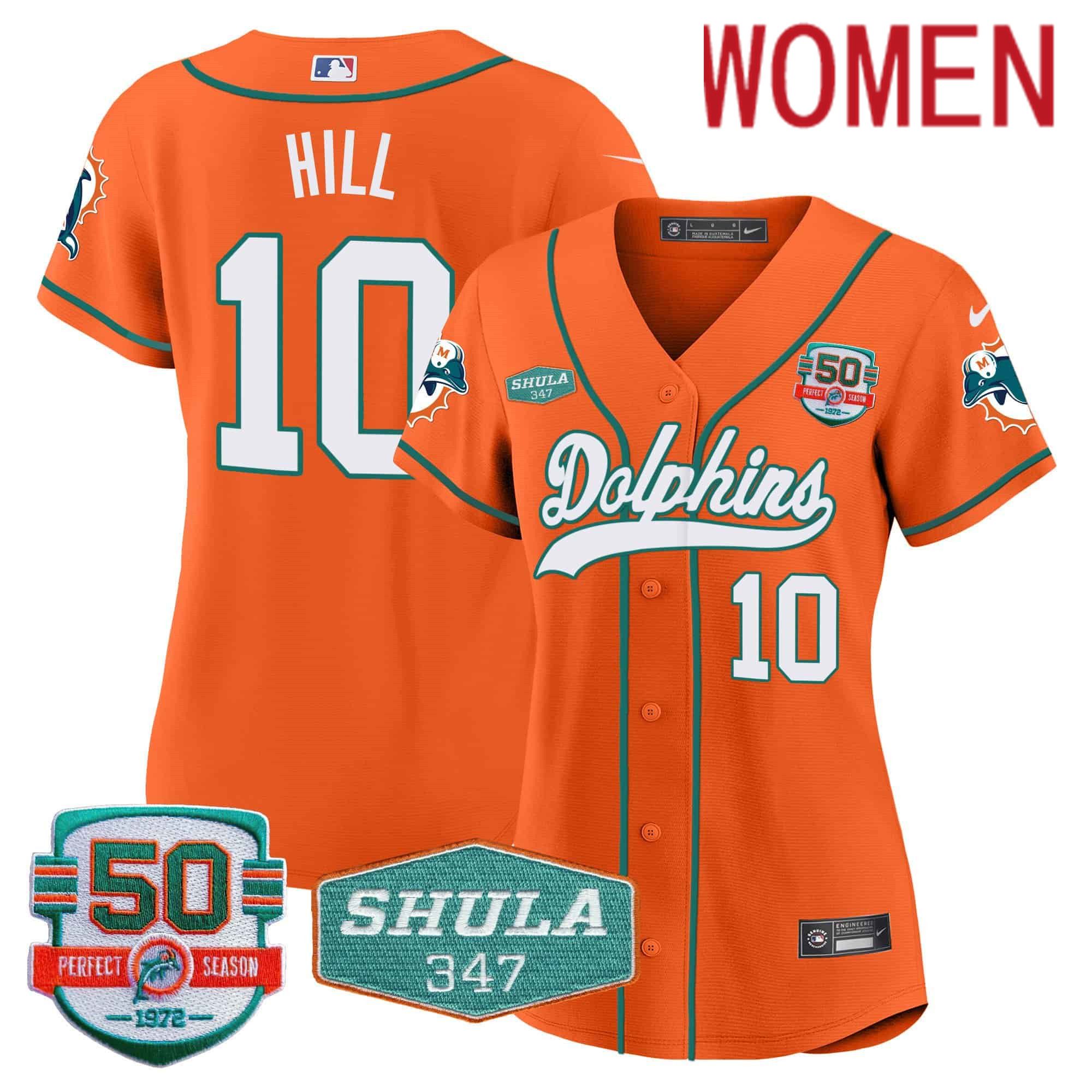 Women Miami Dolphins #10 Hill Orange 2024 Nike 50th Don Shula Memorial Patch Baseball NFL Jersey